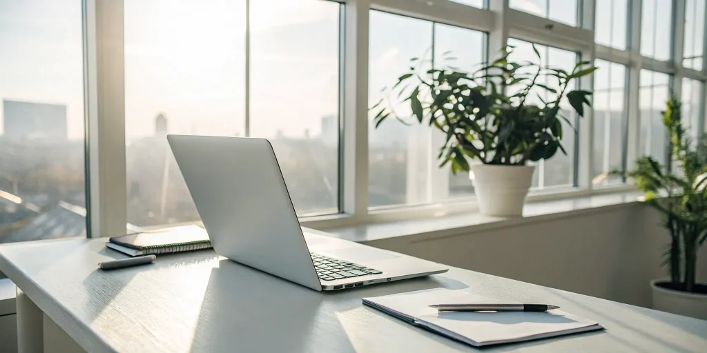 Healthcare marketing strategist's workspace with laptop.