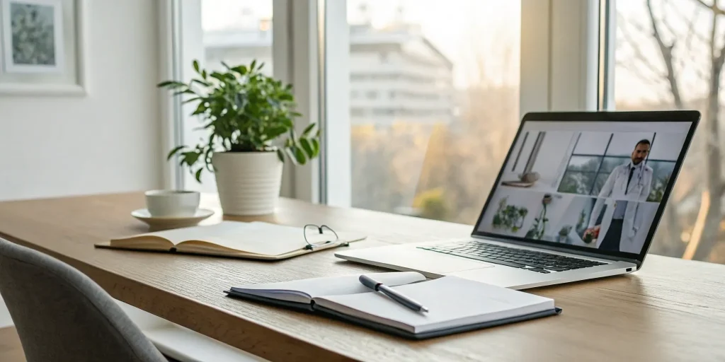 Healthcare strategist's workspace with laptop and notebook.