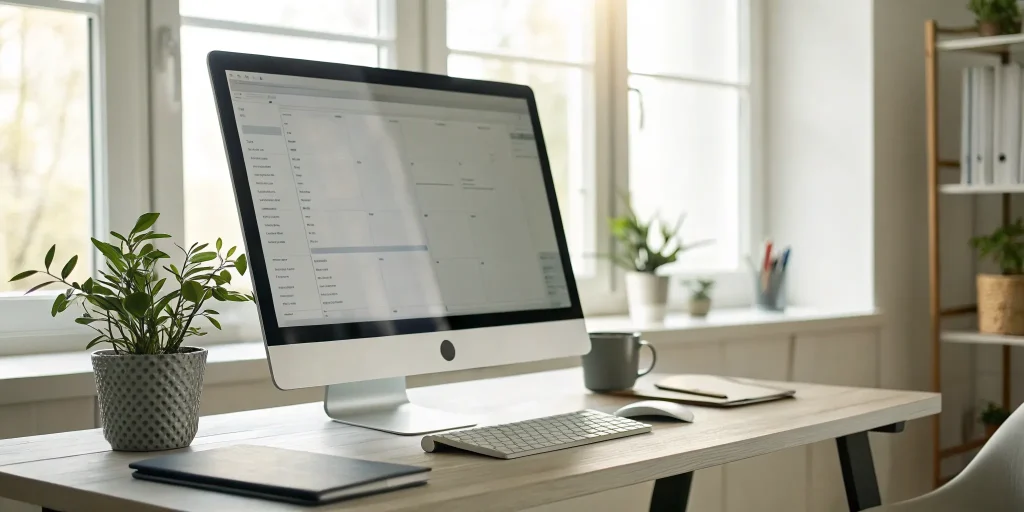Company directory displayed on a computer in a modern workspace.